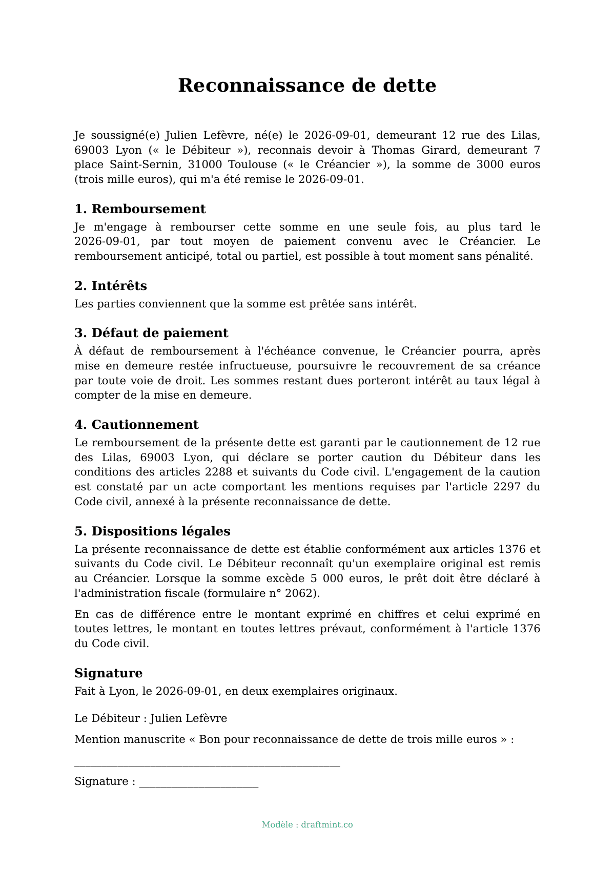 Reconnaissance de dette — modèle rempli, exemple en PDF