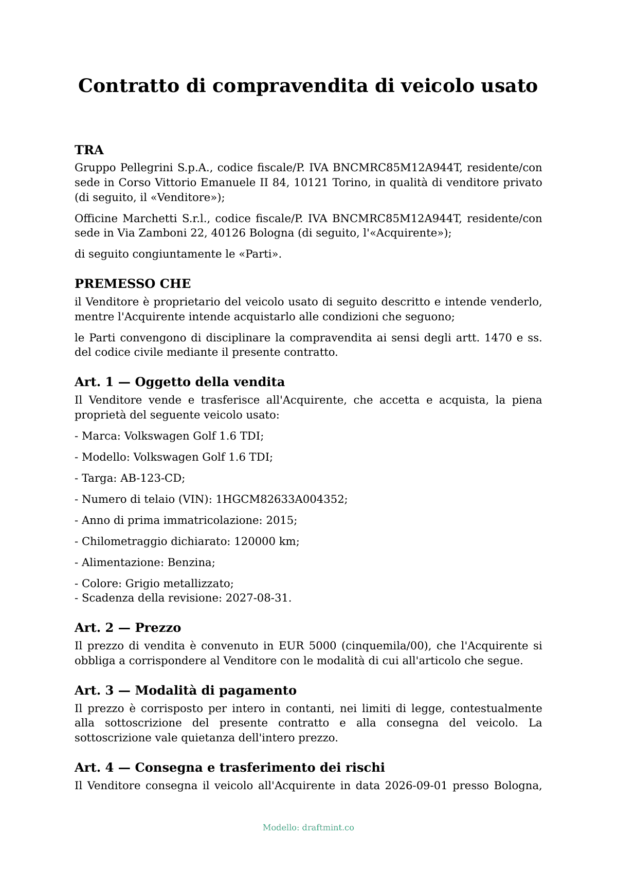 Contratto di compravendita di veicolo usato — modello compilato, esempio in PDF