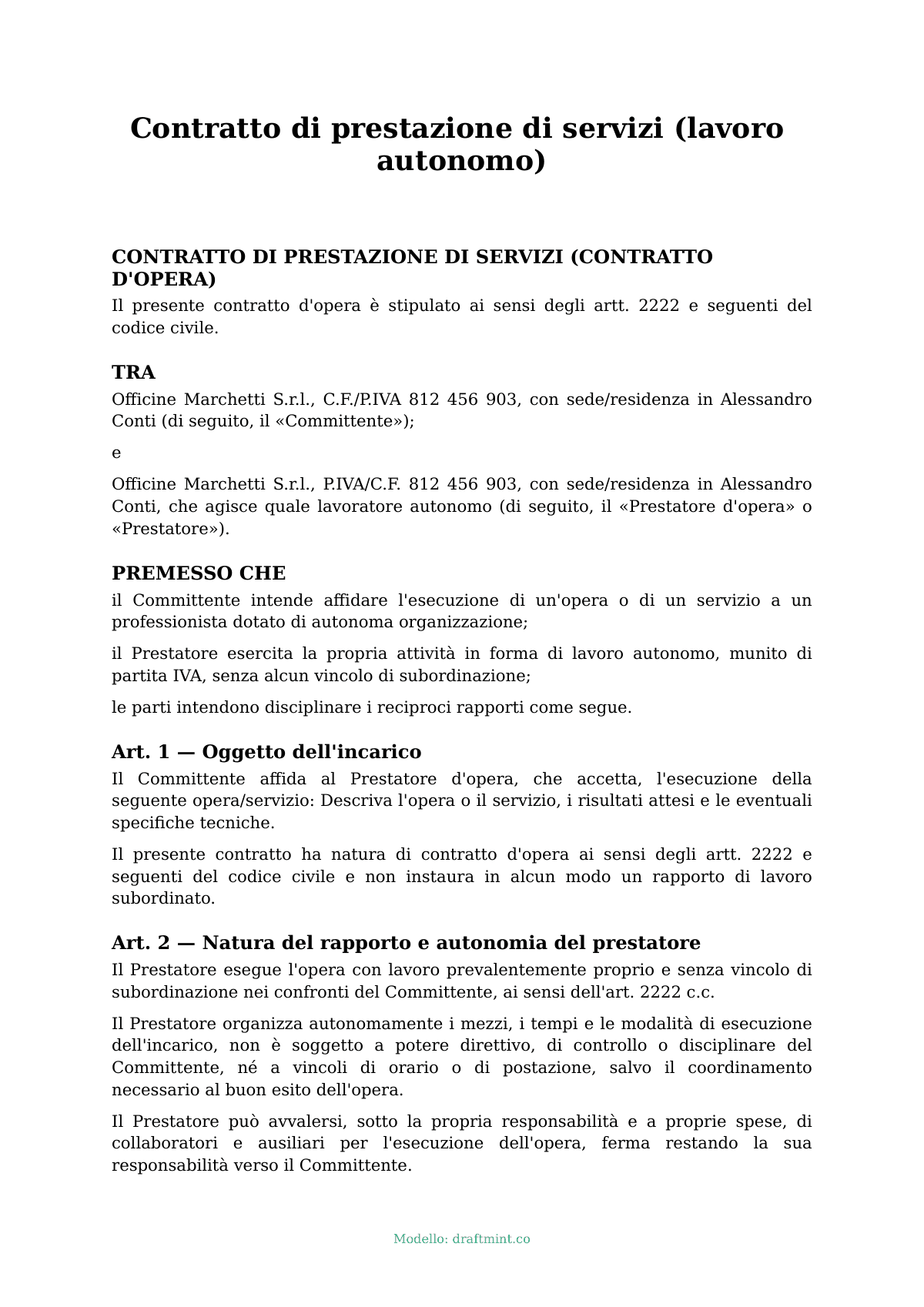 Contratto di prestazione di servizi (lavoro autonomo) — modello compilato, esempio in PDF