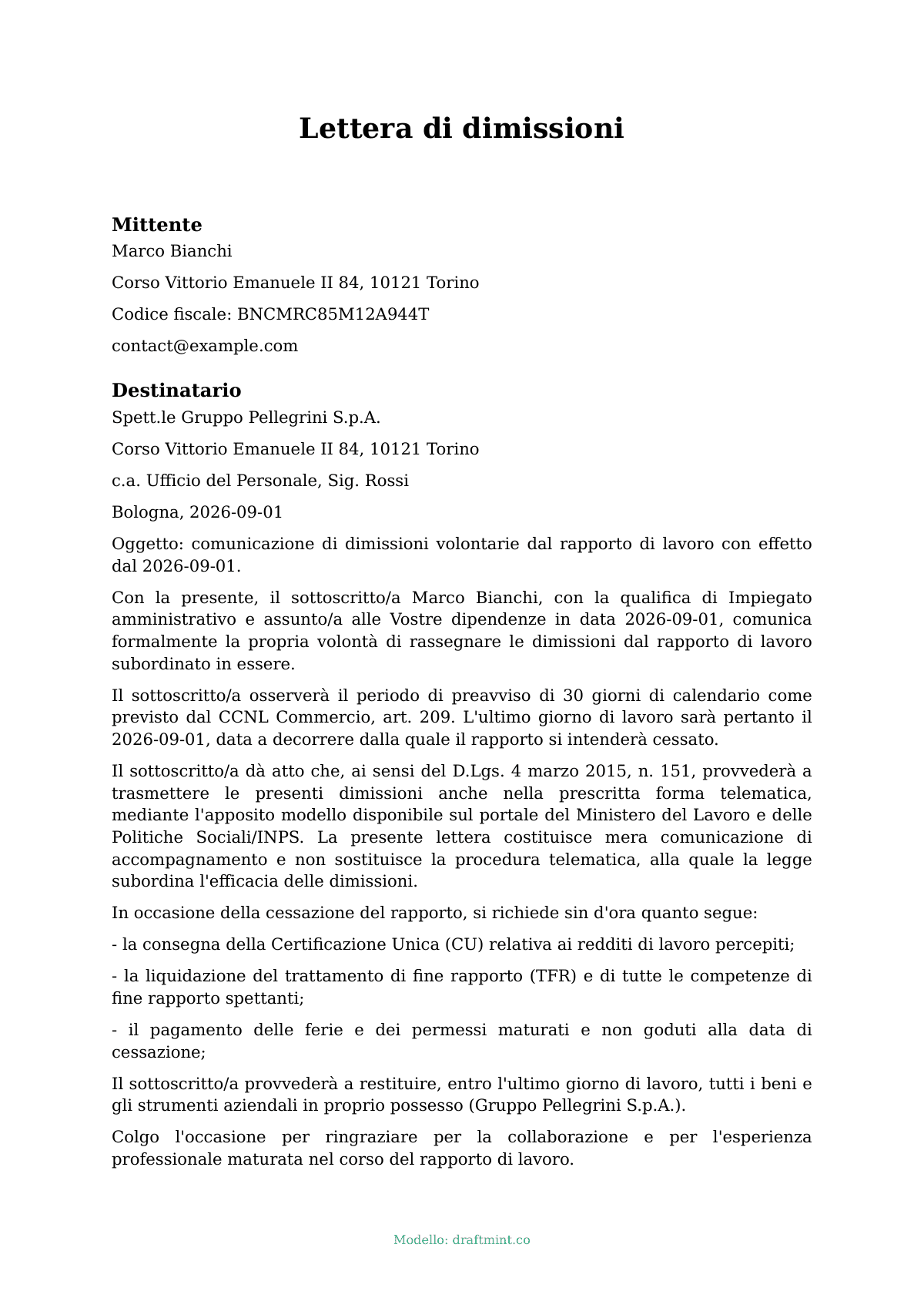 Lettera di dimissioni — modello compilato, esempio in PDF