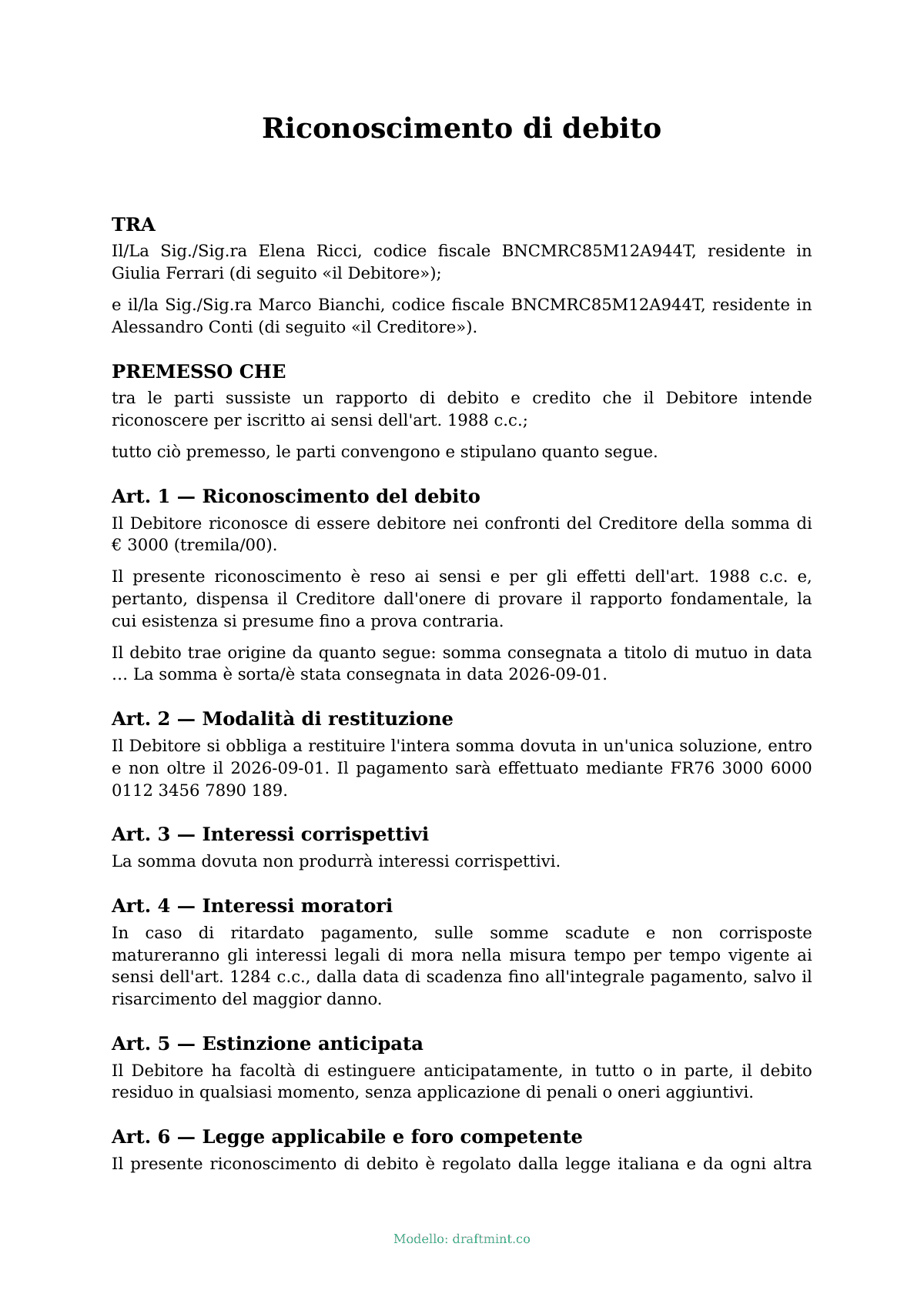 Riconoscimento di debito — modello compilato, esempio in PDF