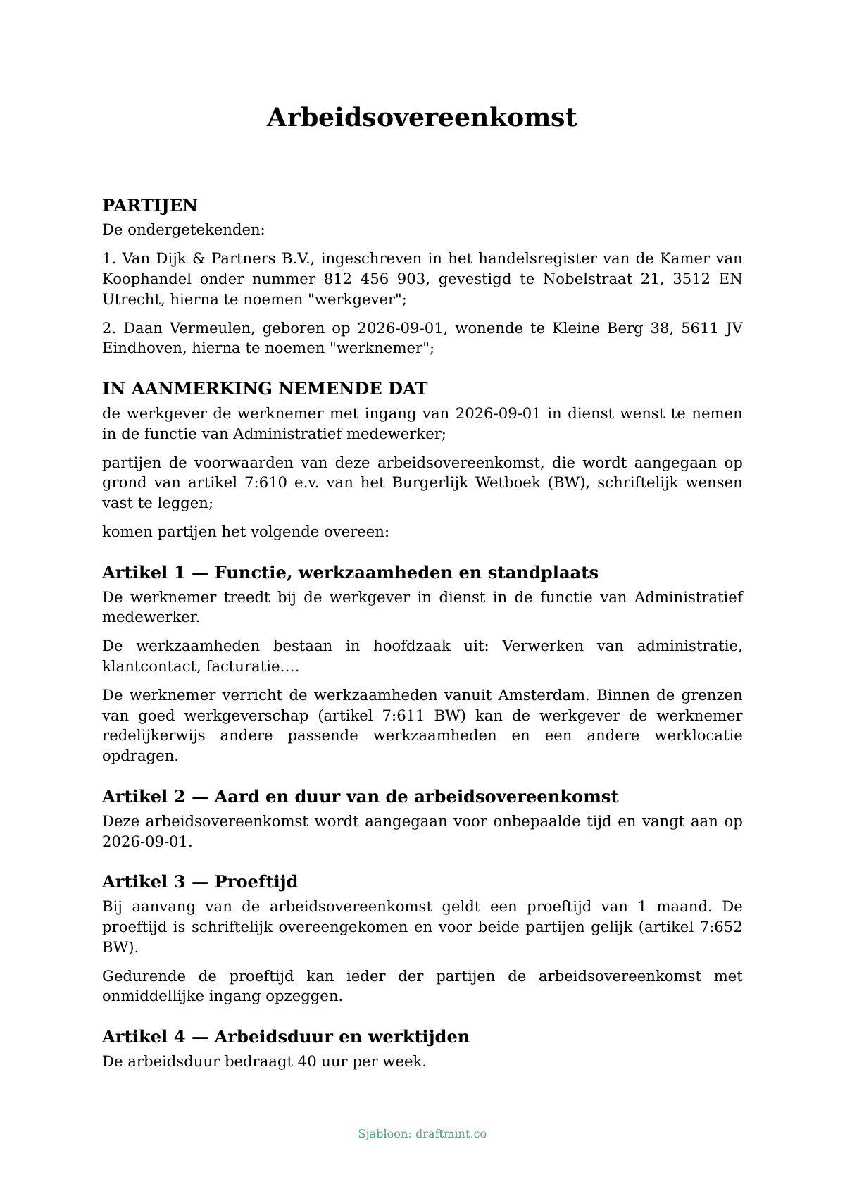 Arbeidsovereenkomst — ingevuld sjabloon, voorbeeld in PDF