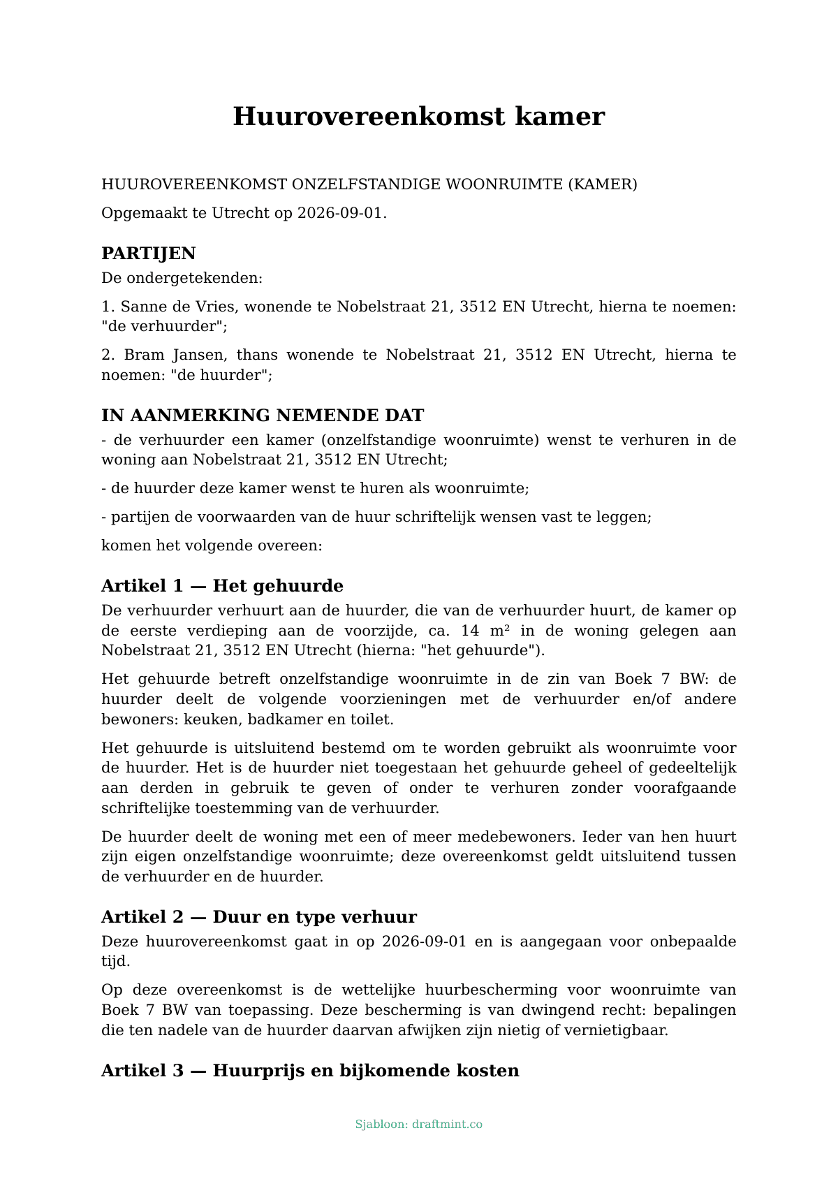 Huurovereenkomst kamer — ingevuld sjabloon, voorbeeld in PDF