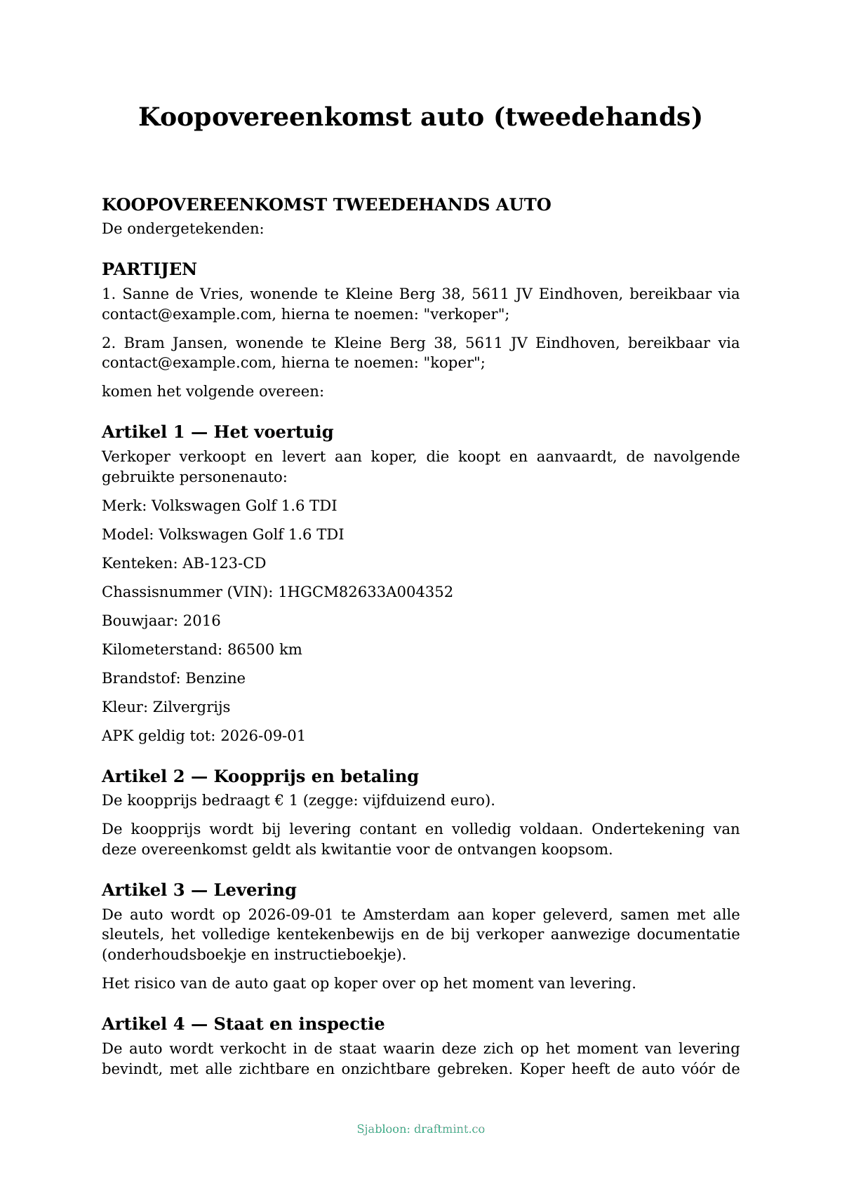 Koopovereenkomst auto (tweedehands) — ingevuld sjabloon, voorbeeld in PDF