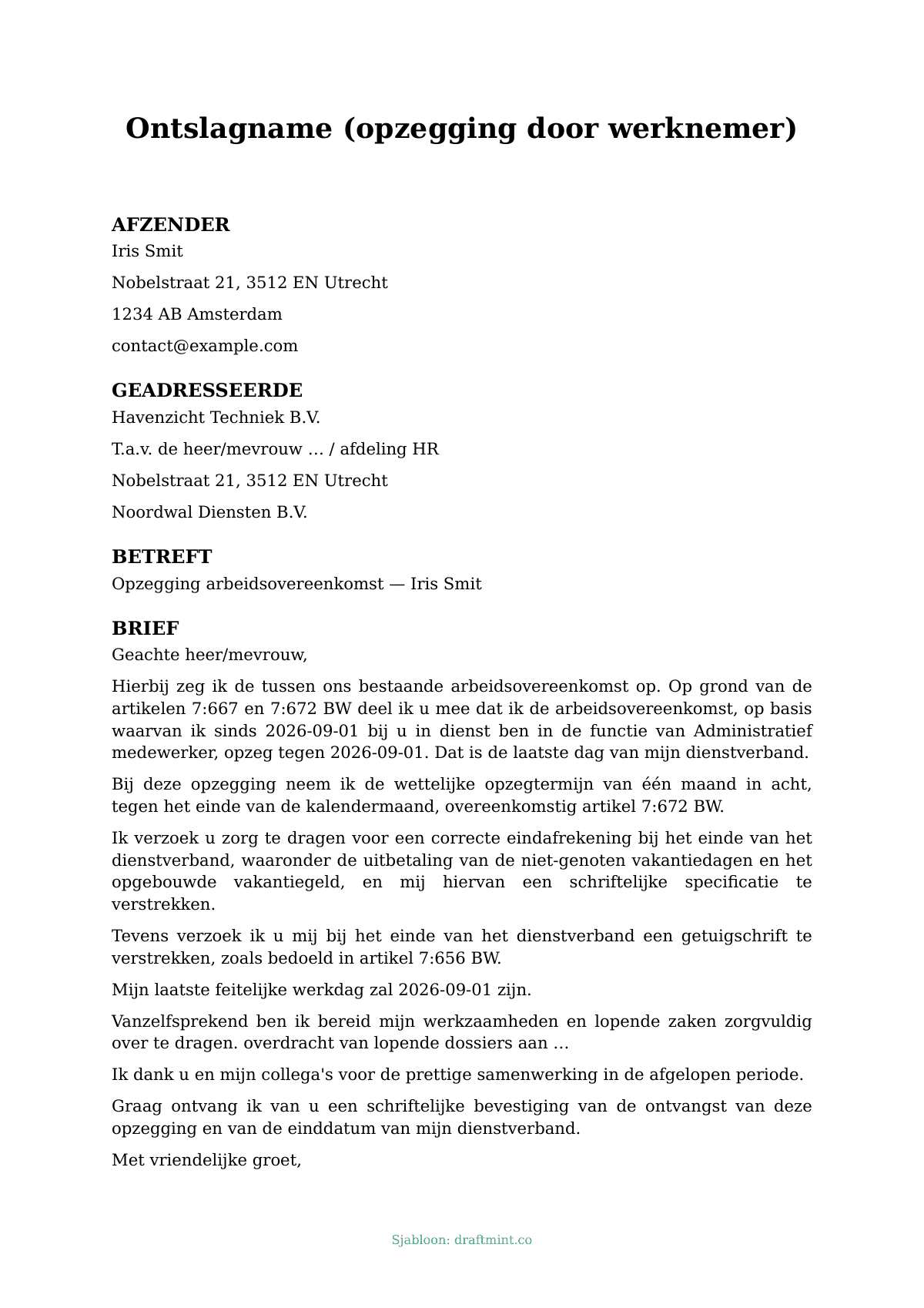 Ontslagname (opzegging door werknemer) — ingevuld sjabloon, voorbeeld in PDF