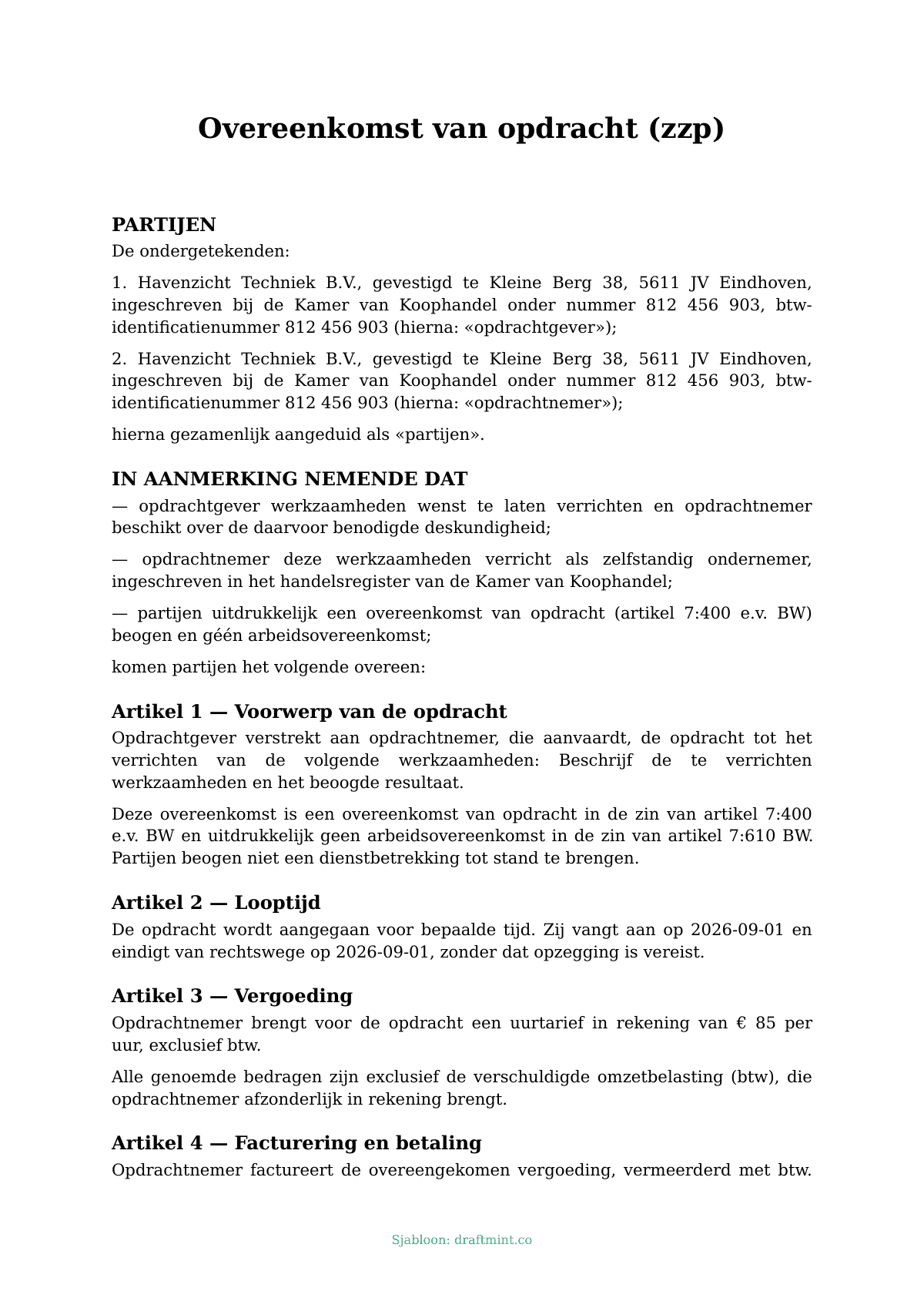Overeenkomst van opdracht (zzp) — ingevuld sjabloon, voorbeeld in PDF