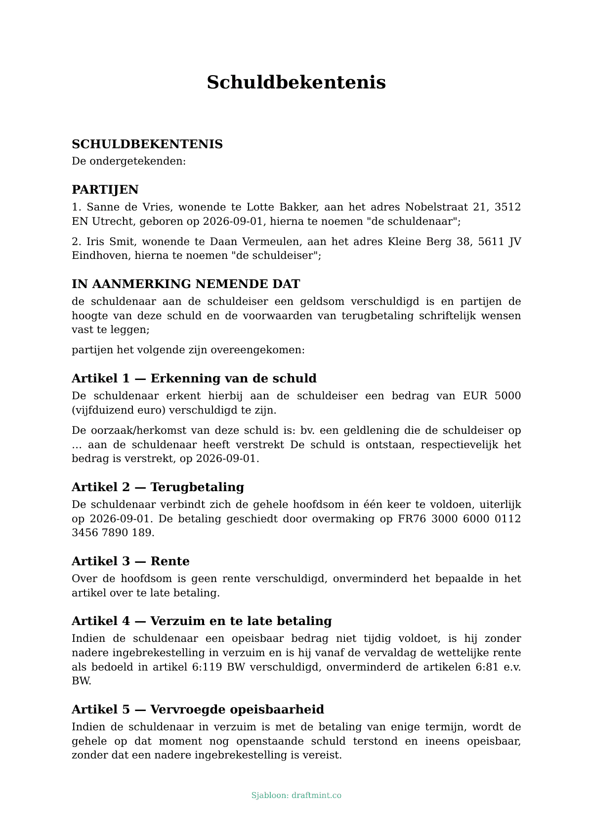 Schuldbekentenis — ingevuld sjabloon, voorbeeld in PDF