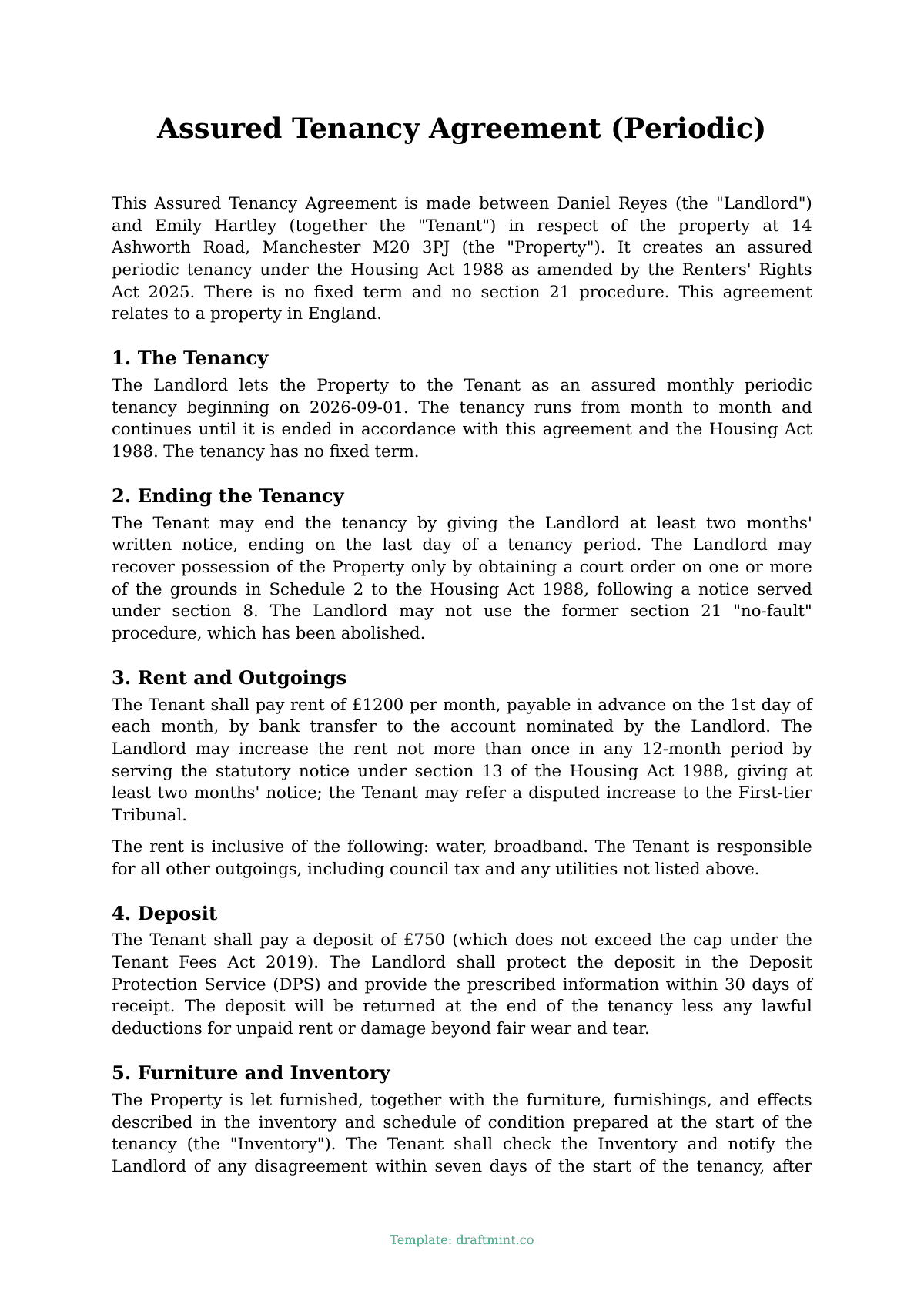 Assured Tenancy Agreement (Periodic) — filled-in template, sample PDF