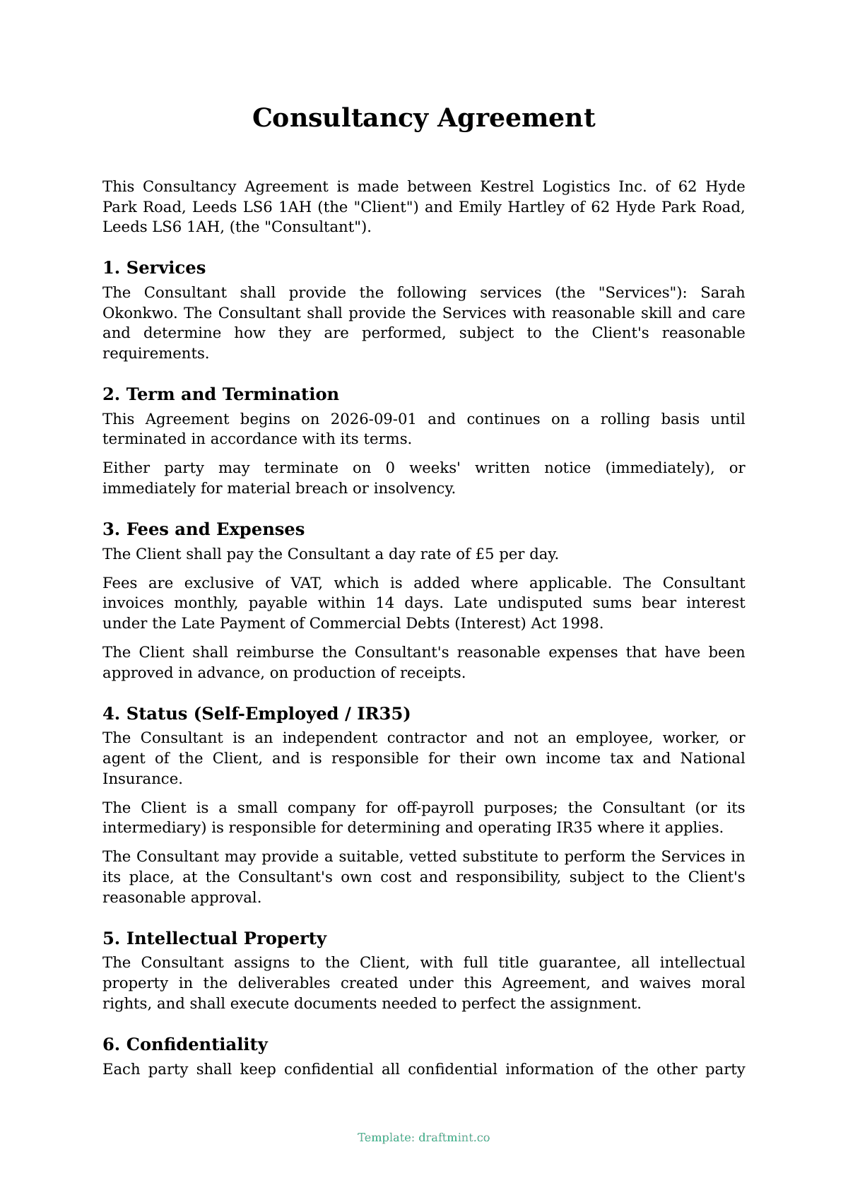 Consultancy Agreement — filled-in template, sample PDF
