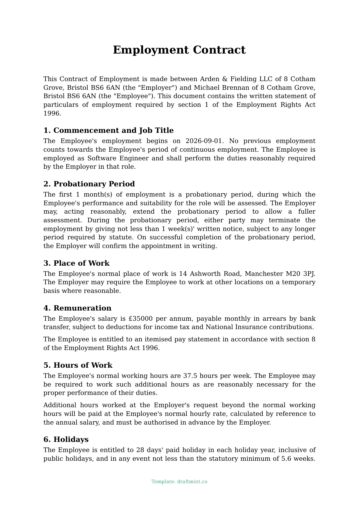 Employment Contract — filled-in template, sample PDF
