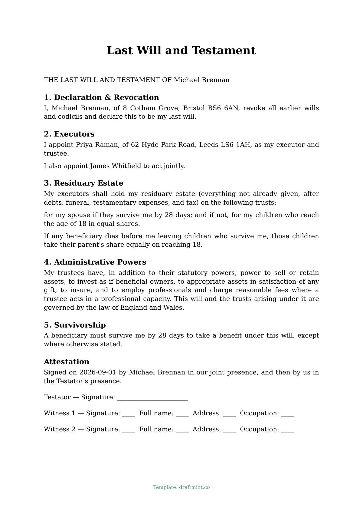 Last Will and Testament — filled-in template, sample PDF