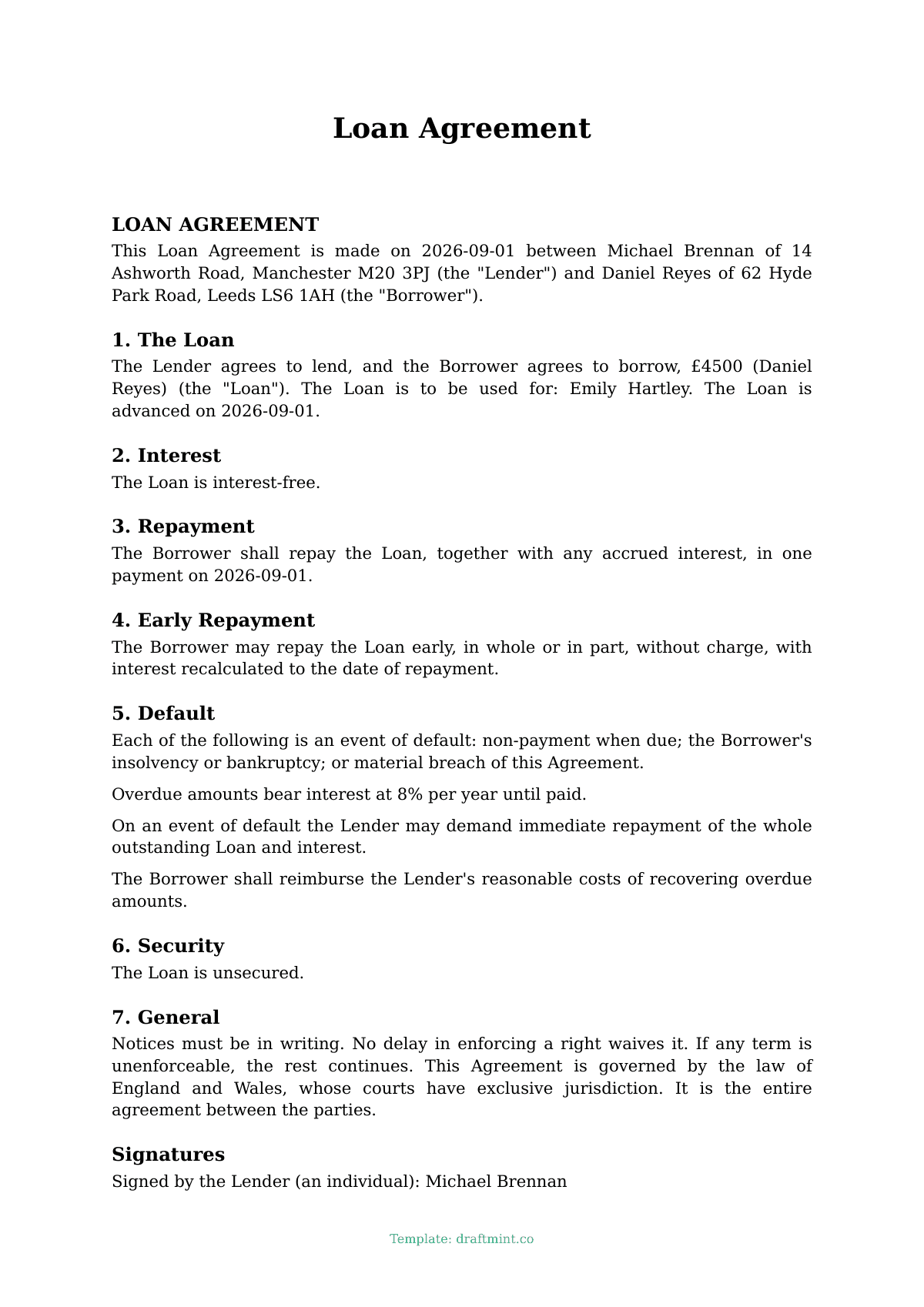 Loan Agreement — filled-in template, sample PDF
