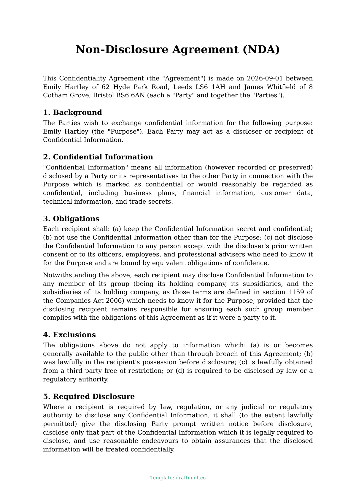 Non-Disclosure Agreement (NDA) — filled-in template, sample PDF