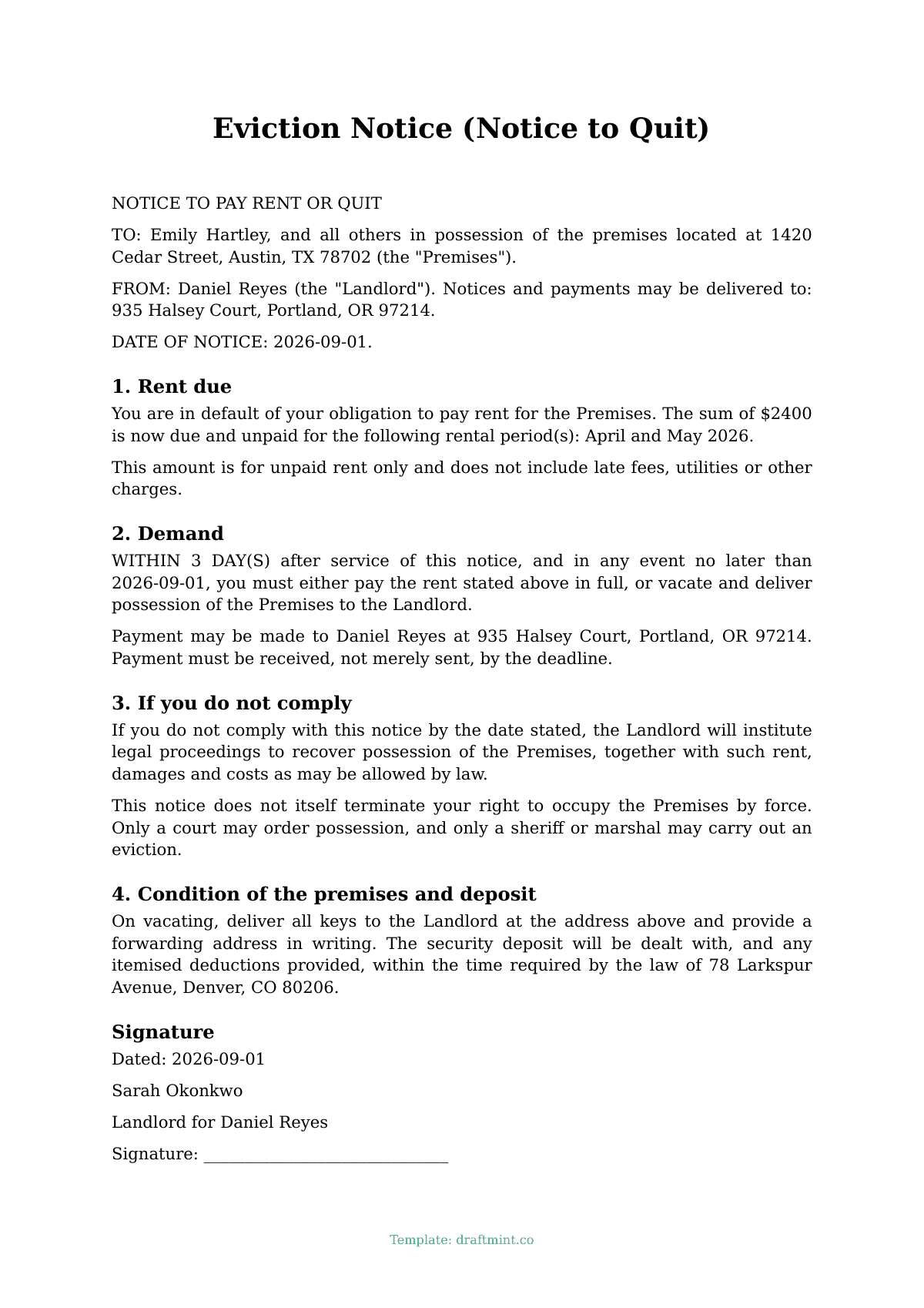 Eviction Notice (Notice to Quit) — filled-in template, sample PDF