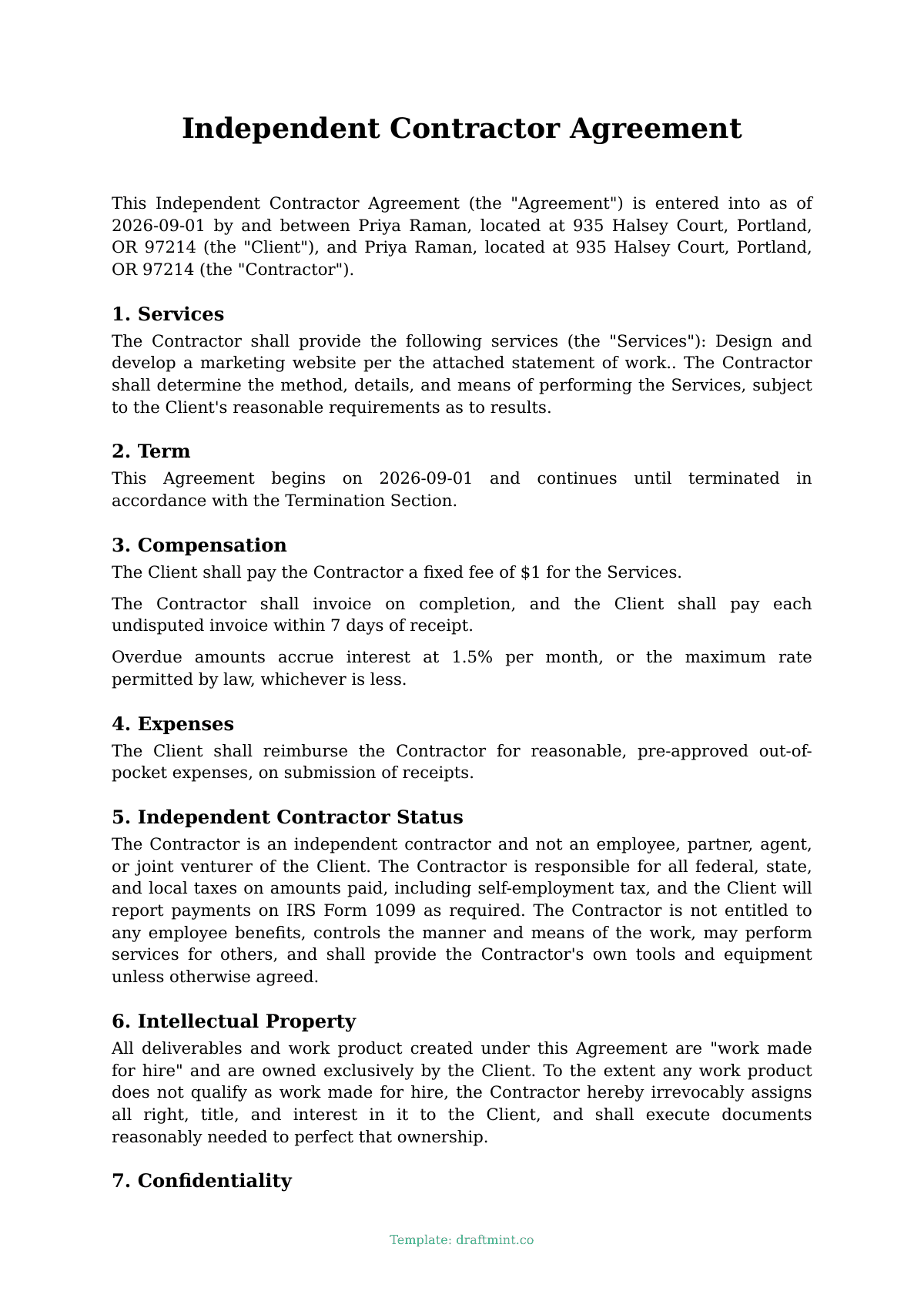 Independent Contractor Agreement — filled-in template, sample PDF