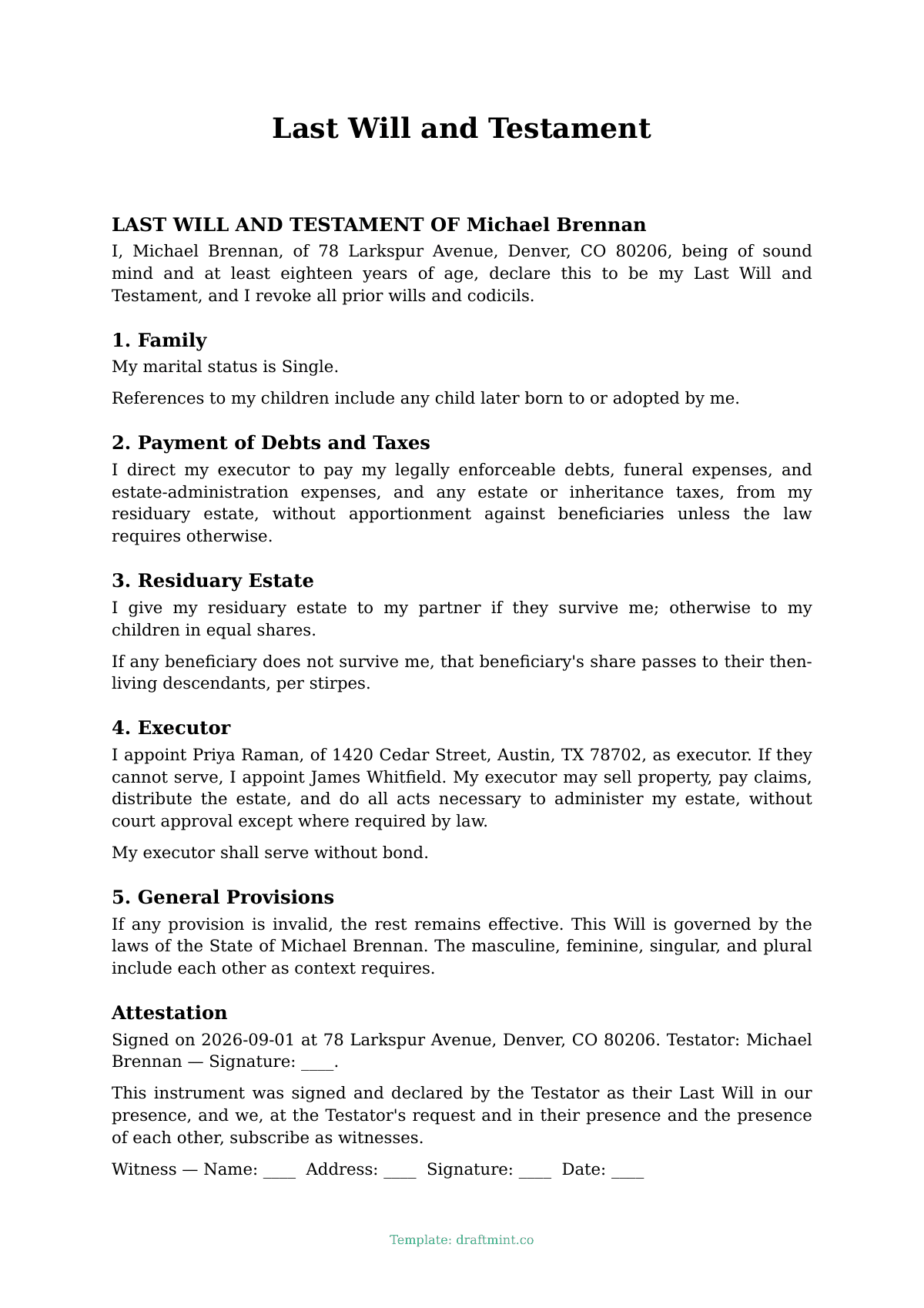 Last Will and Testament — filled-in template, sample PDF