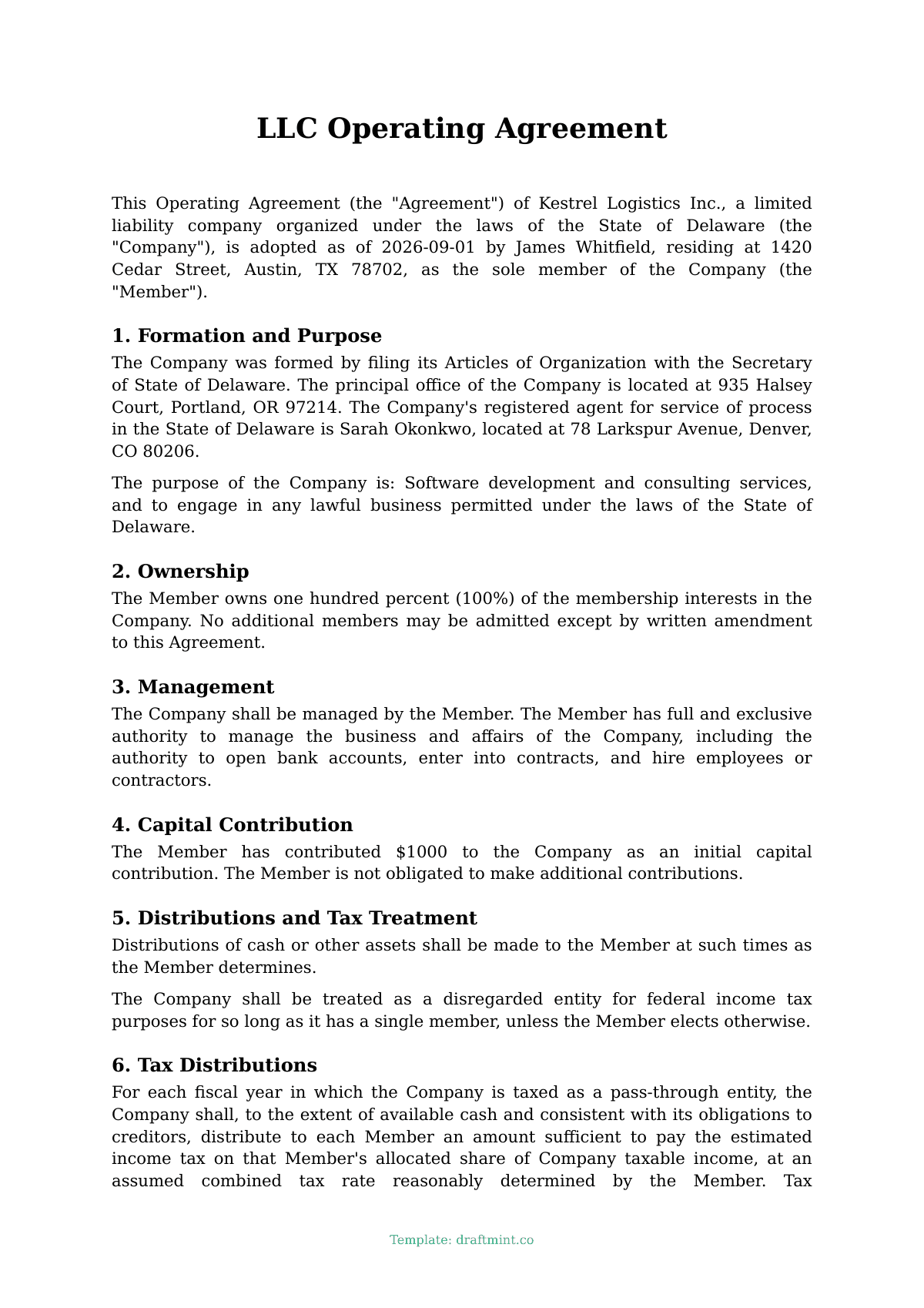 LLC Operating Agreement — filled-in template, sample PDF