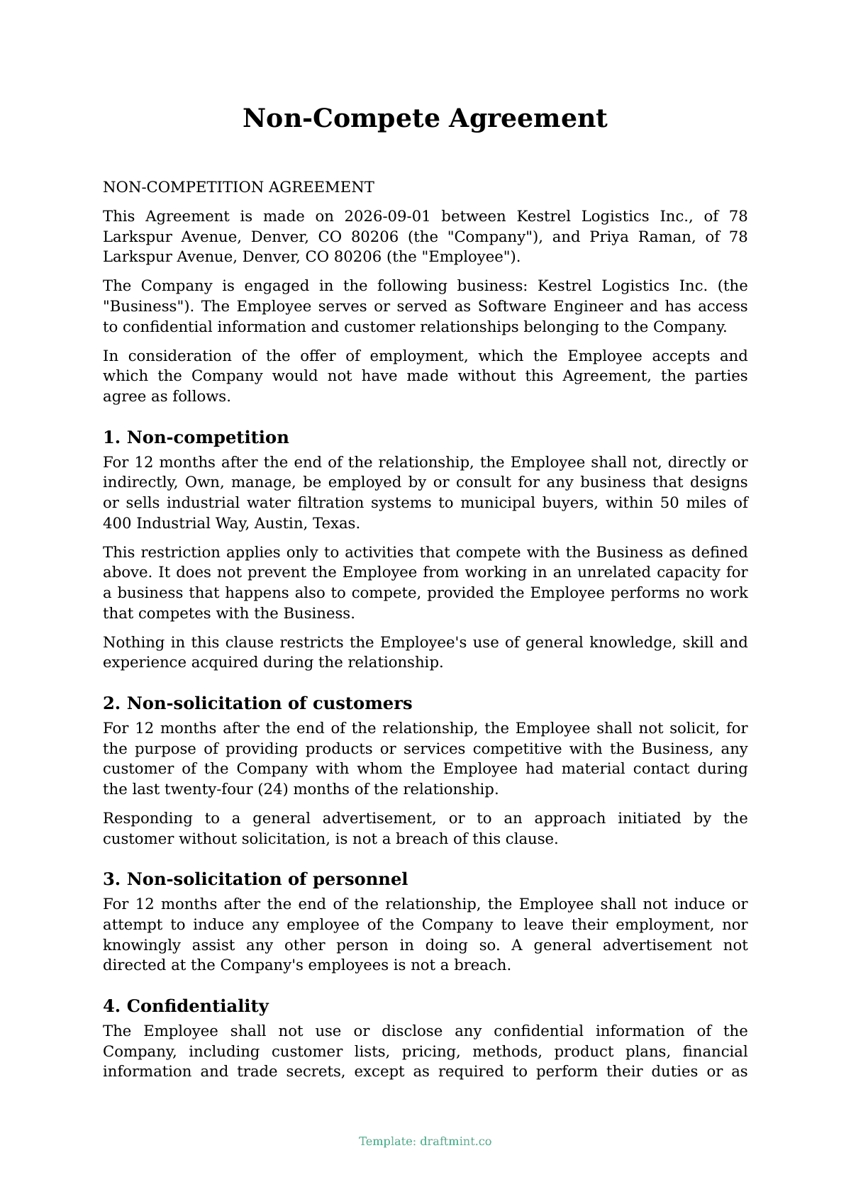 Non-Compete Agreement — filled-in template, sample PDF