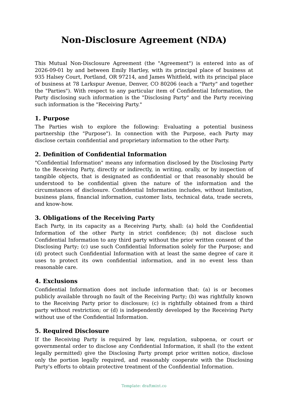 Non-Disclosure Agreement (NDA) — filled-in template, sample PDF