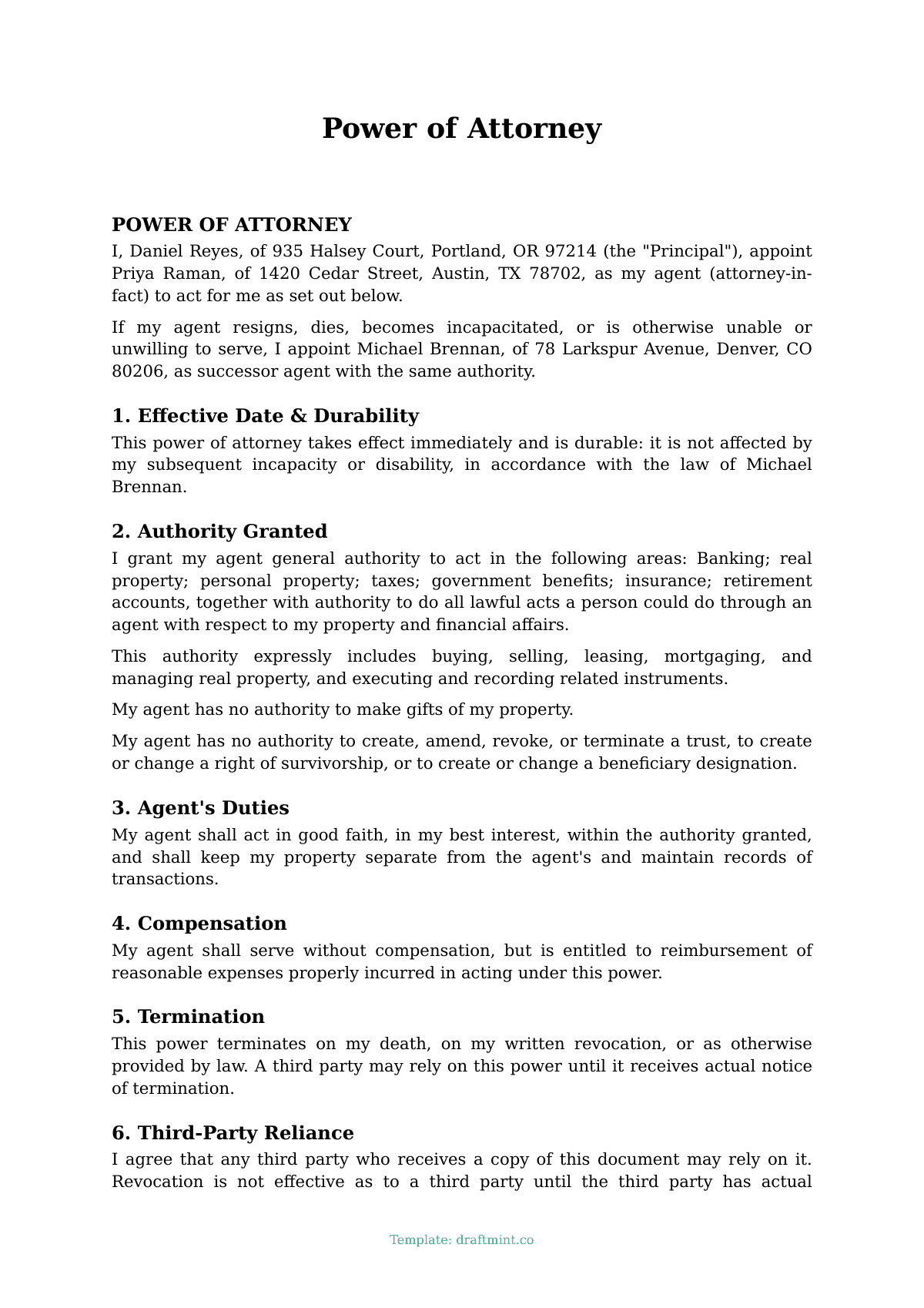 Power of Attorney — filled-in template, sample PDF
