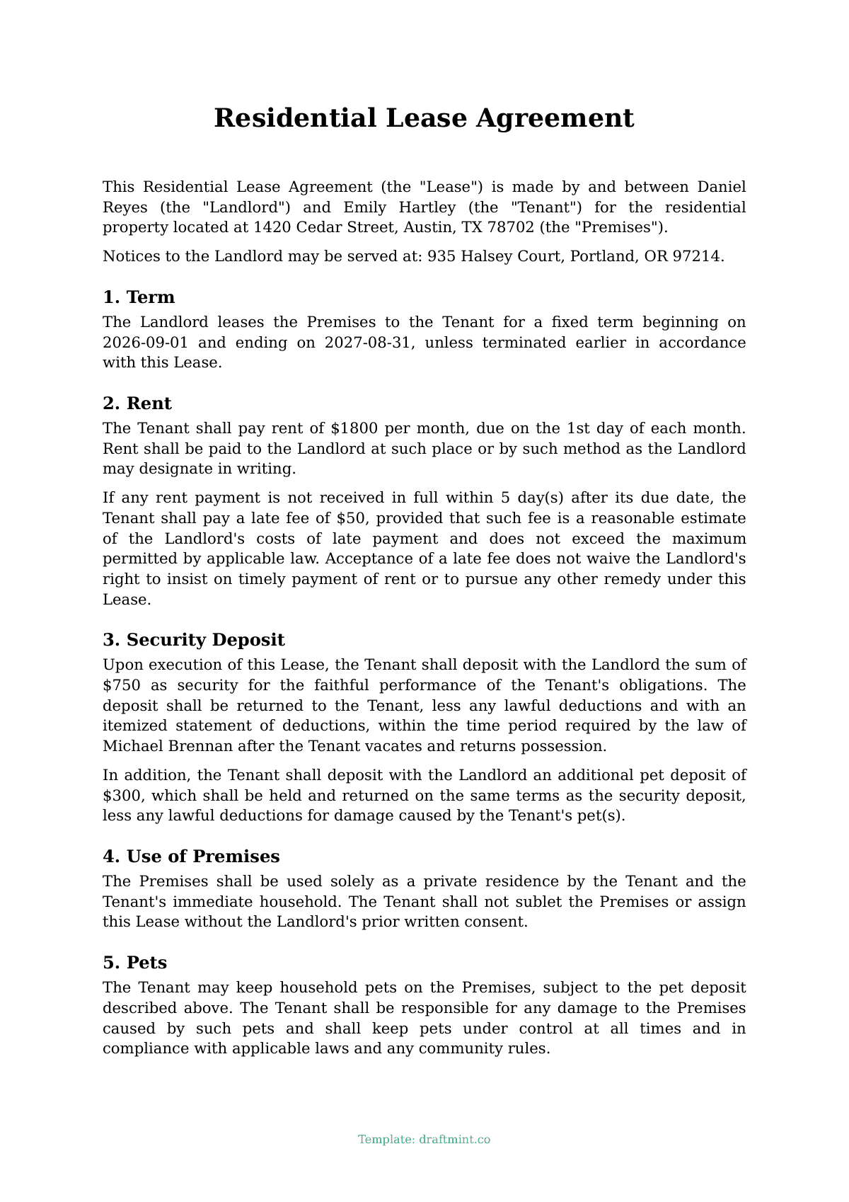 Residential Lease Agreement — filled-in template, sample PDF