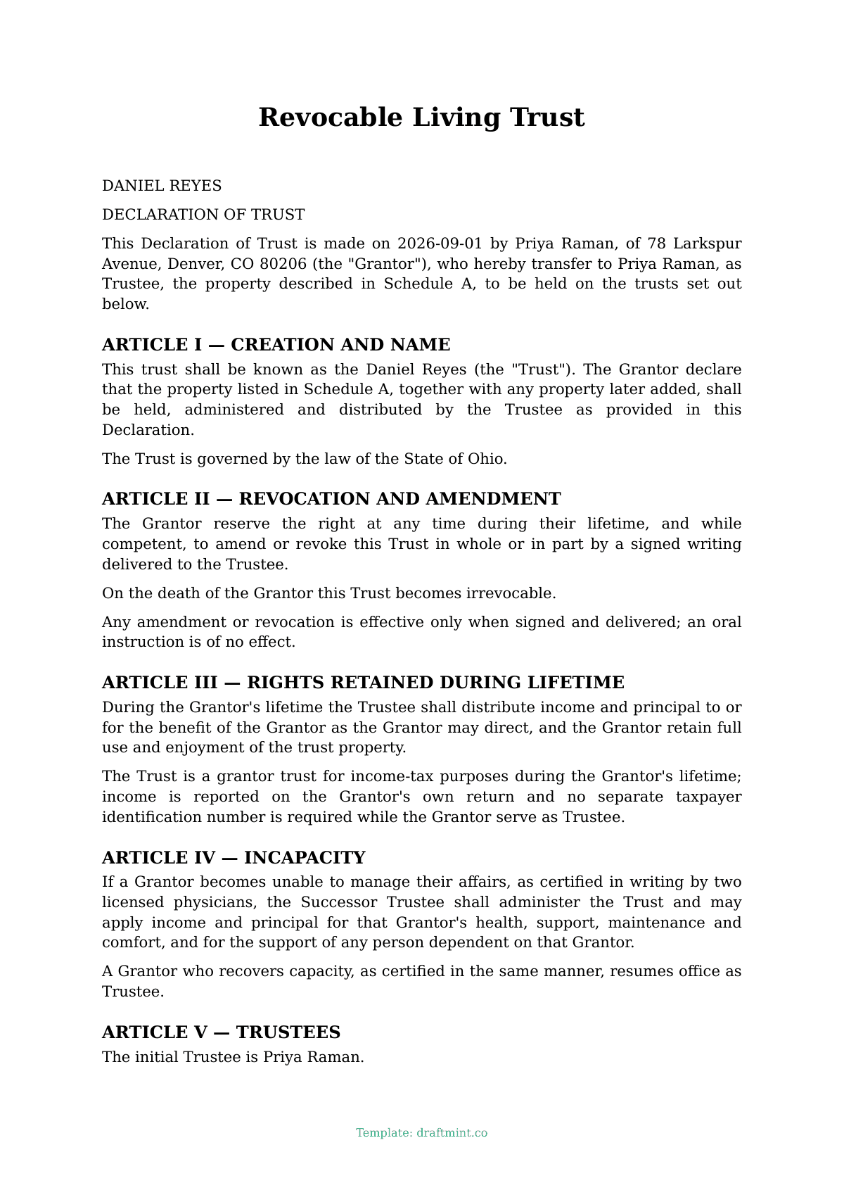 Revocable Living Trust — filled-in template, sample PDF