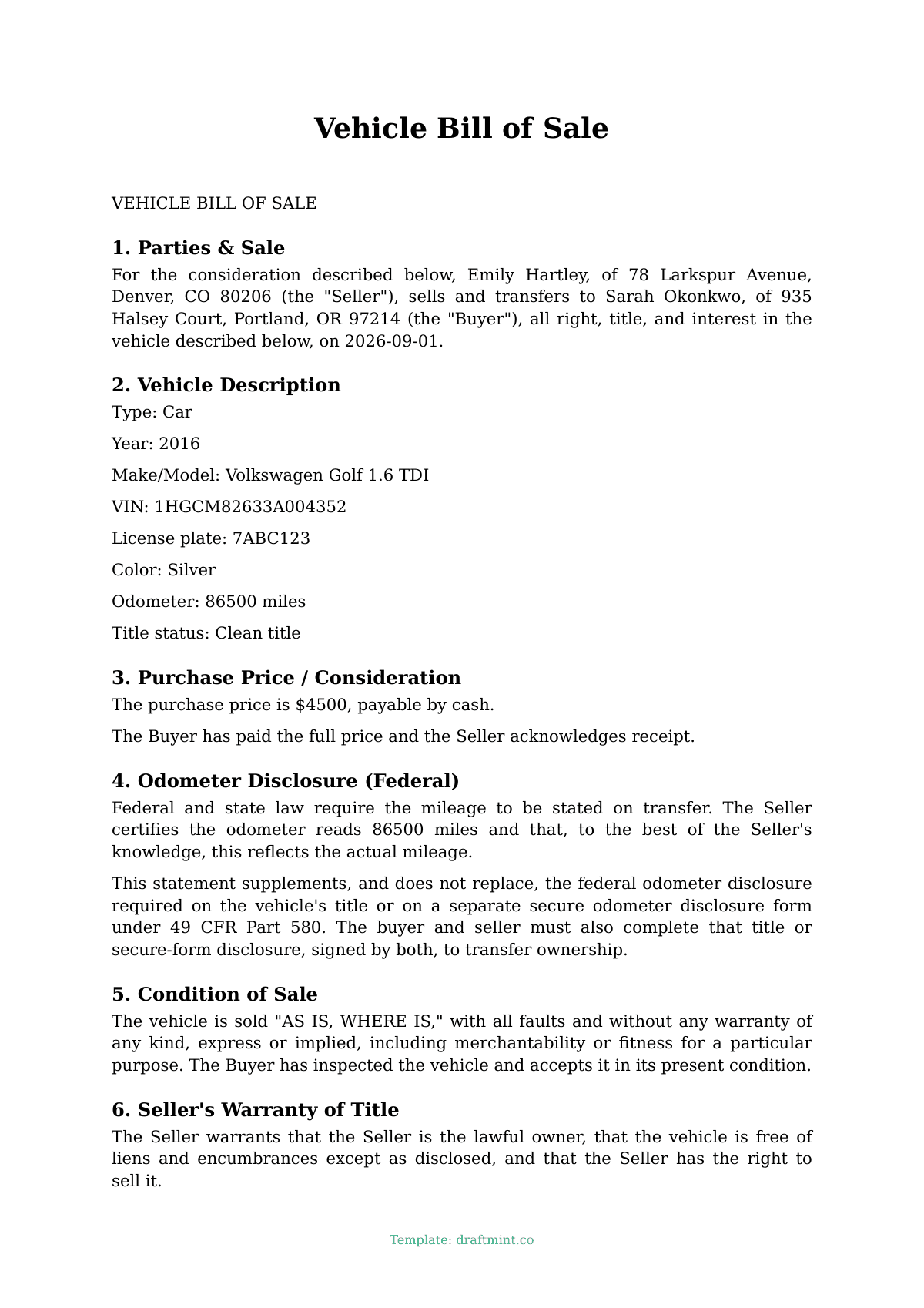 Vehicle Bill of Sale — filled-in template, sample PDF
